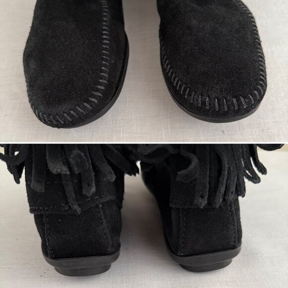 Minnetonka Black Suede Double Fringe Ankle Boots Womens Size 6 Zip Southwest - Picture 5 of 10